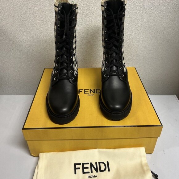 Fendi Rockoko Logo Combat Knit Domino Signature Biker Combat Boots 36/38.5 - Picture 6 of 10